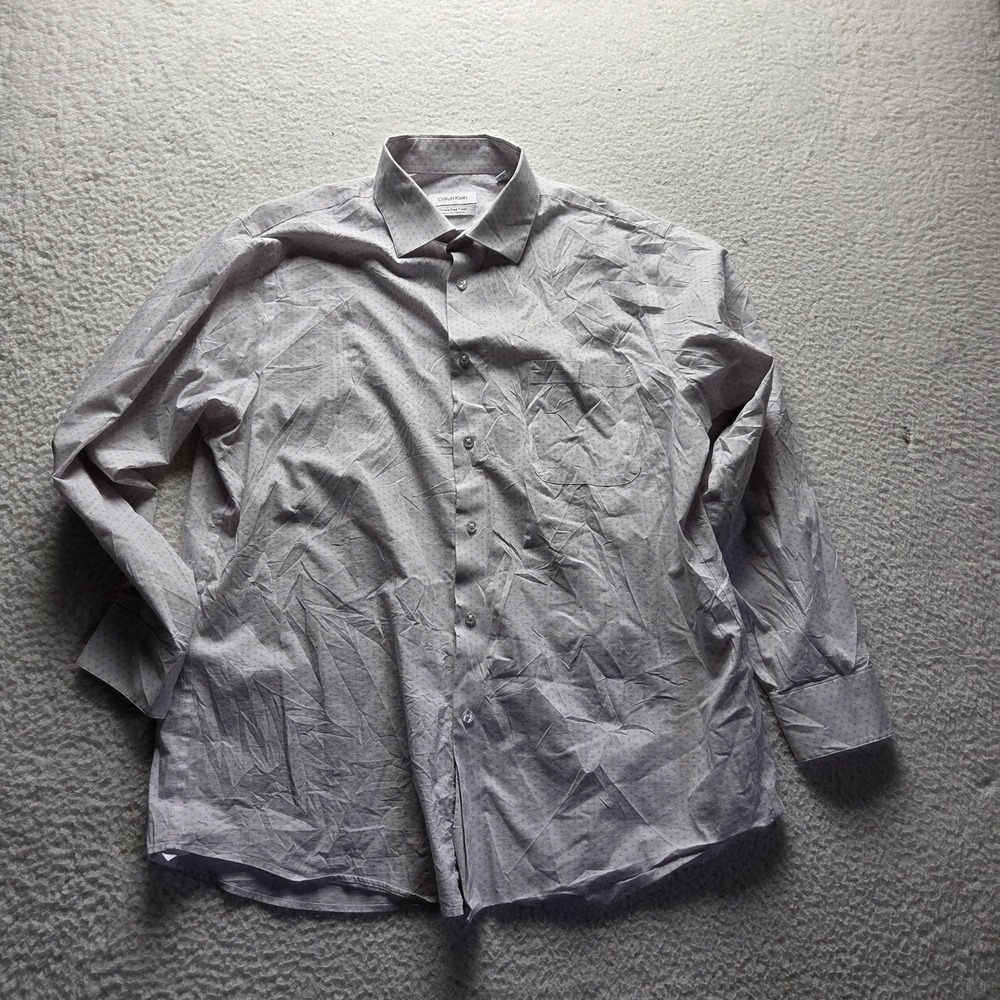 Calvin Klein Dress Shirt Mens 16-16.5 32/33 White Polka Dot Wrinkle Free Stretch